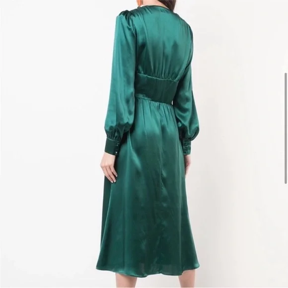 Reformation- NWT SZ 6 Nicola Green Silk Midi Dress Long Sleeves - Picture 3 of 6